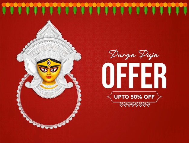 Goddess Maa Durga Face in Happy Durga Puja Dussehra and Navratri Celebration for Web Banner