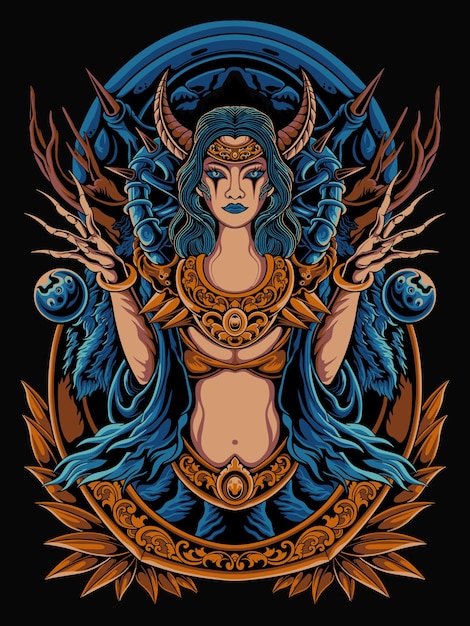 Goddess vector illustration with engraving