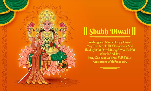 Godin Laxmi op oranje achtergrond met shubh Diwali-tekst