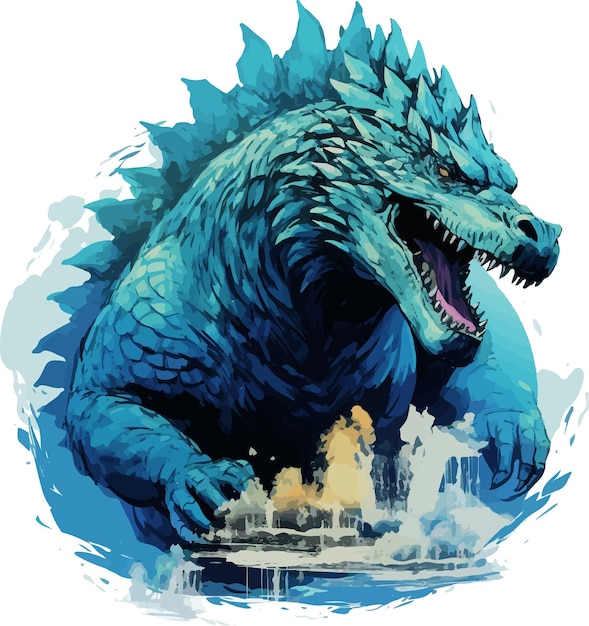 Vector godzilla blue dragon rampaging through the city illustration vector