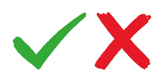 Goed en kwaad pictogram hand getekend van groen vinkje en rood kruis geïsoleerd op een witte achtergrond vectorillustratie