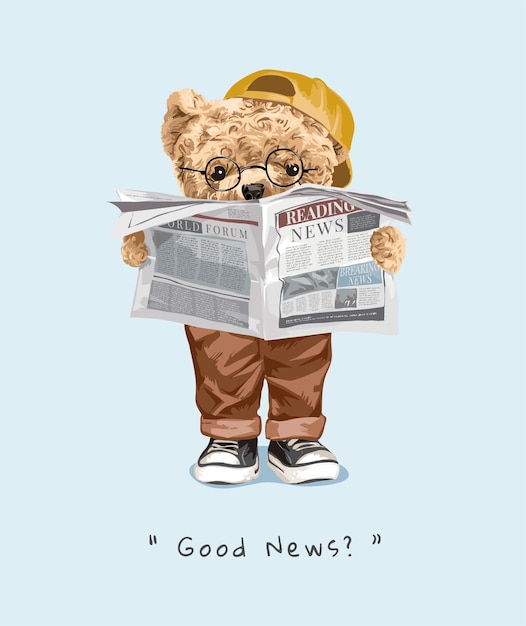 goed nieuwsslogan met berenpop die krantenillustratie leest