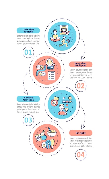 Goed uitgebalanceerde levenstips verticale infographic sjabloon. Gezondheidszorg. Datavisualisatie met 4 stappen. Proces tijdlijn info grafiek. Workflowlay-out met lijnpictogrammen. Myriad Pro-Bold, reguliere lettertypen gebruikt