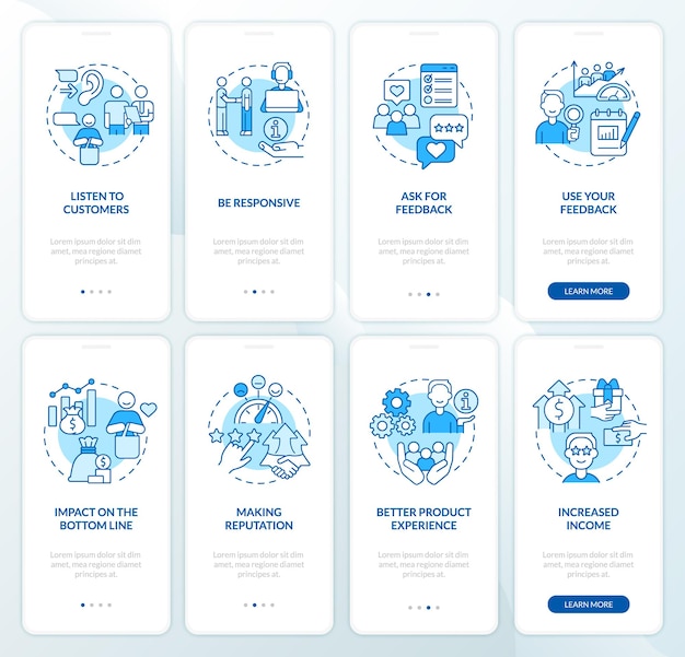 Goede klantenservice blauwe onboarding mobiele app-schermset