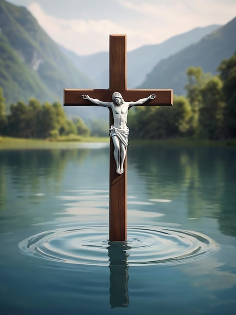 Vector goede vrijdag concept christelijk kruis ondergedompeld in een rustig meer dat doop en wedergeboorte symboliseert