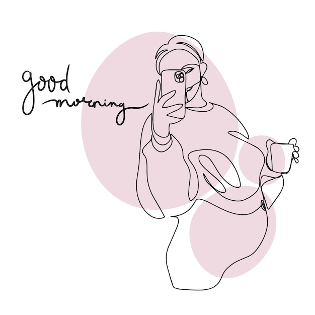Goedemorgen een lijntekening een zwanger meisje neemt een selfie een kopje koffie mode