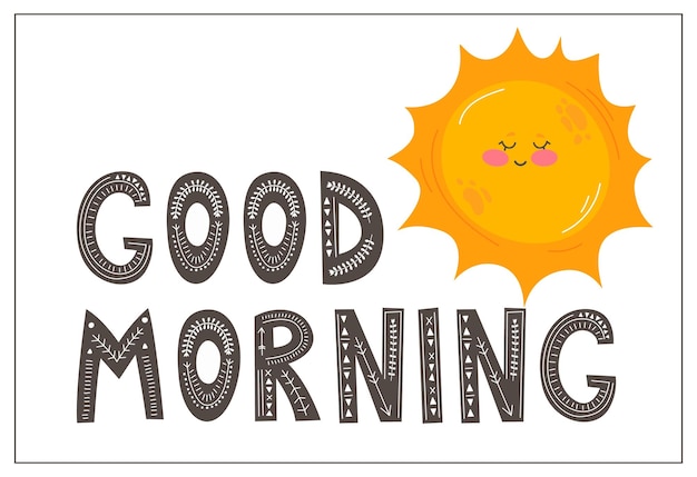 Goedemorgen handgetekende belettering tekst met gele smiley zon op een witte achtergrond vectorillustratie