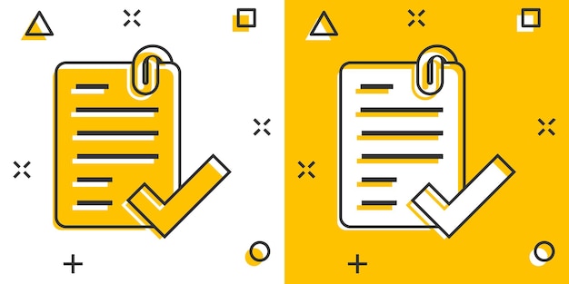 Goedgekeurd documentpictogram in komische stijl Autoriseren cartoon vectorillustratie op witte geïsoleerde achtergrond Overeenkomst vinkje splash effect bedrijfsconcept