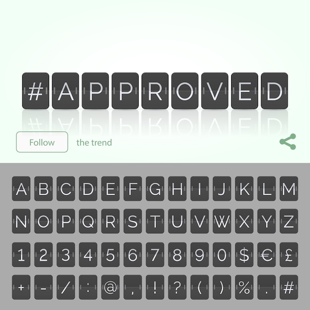 Goedgekeurde hashtag door plat flip-scorebordalfabet met cijfers en symbolen