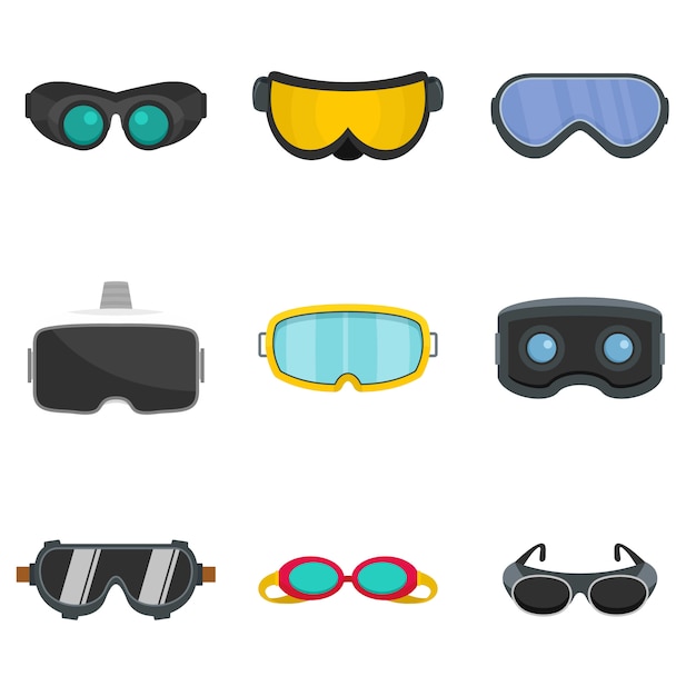 Goggles ski glass mask icons set