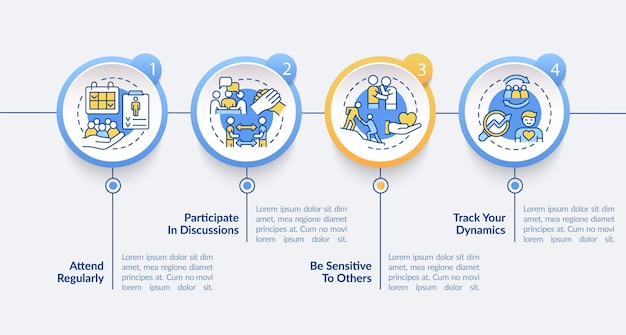 Andare al modello di infografica del cerchio di terapia di gruppo. frequentazione regolare. visualizzazione dei dati con 4 passaggi. grafico delle informazioni sulla sequenza temporale del processo. layout del flusso di lavoro con icone di linea. lato-bold, caratteri regolari utilizzati