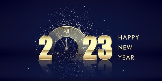 Gold 2023 numbers happy new year greeting card golden clock with five minutes countdown to holiday midnight vector illustration