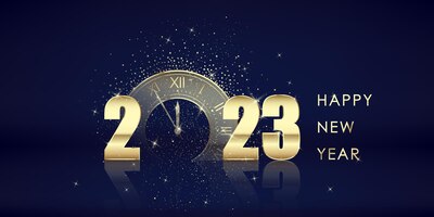 Gold 2023 numbers happy new year greeting card golden clock with five minutes countdown to holiday midnight vector illustration