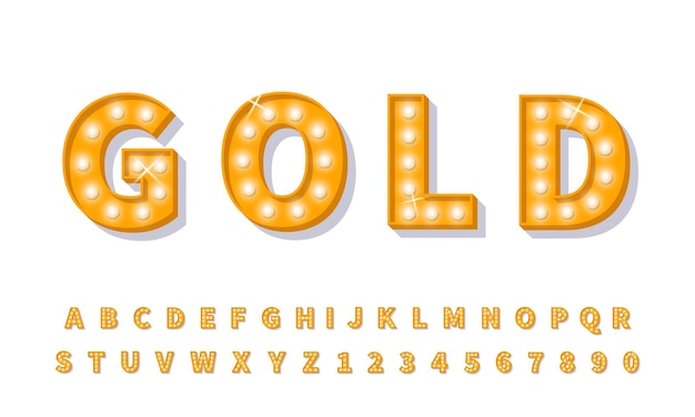 ゴールドの3d電球フォント。レトロなスタイルのアルファベットライト書体。