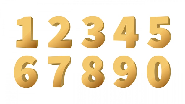 Numeri 3d d'oro. set numerico volumetrico dorato lucido. illustrazione vettoriale