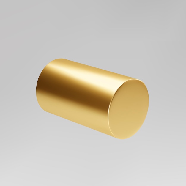 Gold 3d rotating cylinder isolated on grey background. Cylinder pillar, golden pipe. 3d basic geometric shape vector.