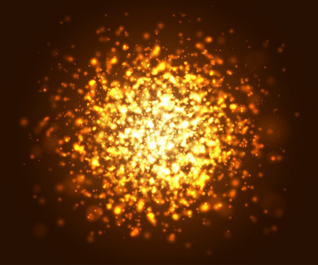 Gold abstract lighting effects with shining particles. Glowing explosion