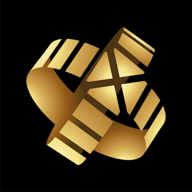 Icona rotonda astratta d'oro con forme di frecce sovrapposte su sfondo nero