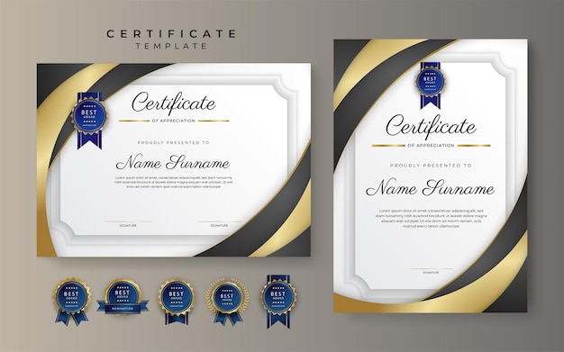 Золото-черный шаблон границы сертификата о достижениях с роскошным значком и современным рисунком линии для награждения деловых и образовательных нужд