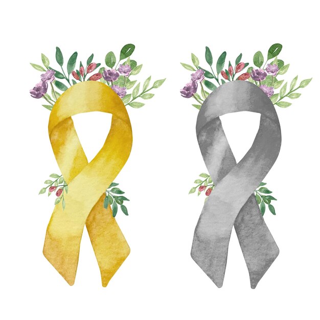 꽃 유방암 전립선 암 골드 리본 배너와 금색과 은색 수채화 리본