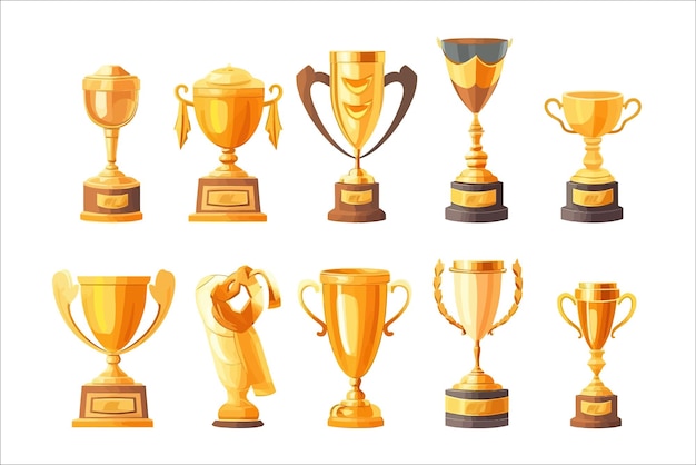 Gold award cups Isolated on background Cartoon vector illustration