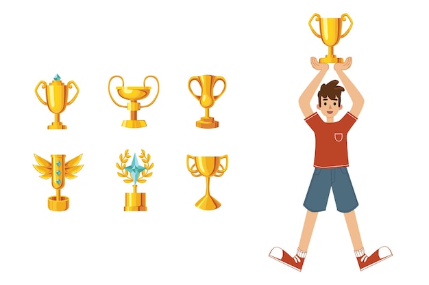 Gold award cups for kid champion set. vector illustrations of happy child winner holding prize reward. cartoon trophy for winning competition isolated on white. victory, success achievement concept