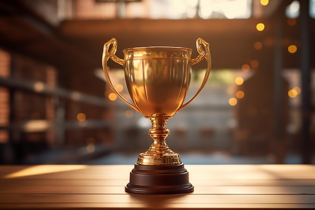 Gold award trophy against bright blurred lights