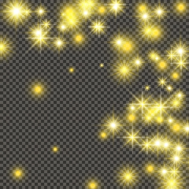暗い透明な背景に分離された星と塵の輝きを持つ金の背景お祝いの魔法のクリスマス輝く光の効果ベクトル図