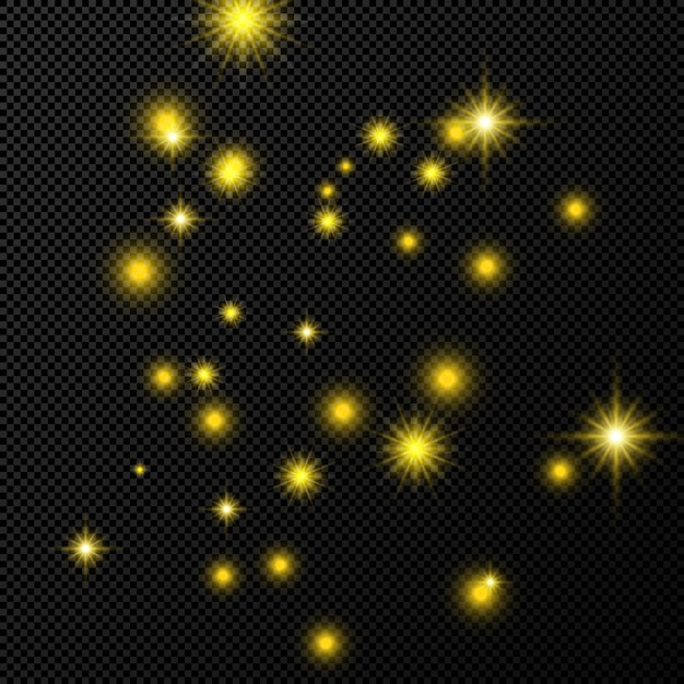 Золотой фон с блестками звезд и пыли, изолированные на темном прозрачном фоне. Праздничный волшебный рождественский сияющий световой эффект. Векторная иллюстрация.