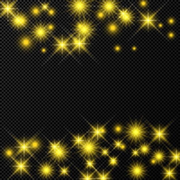 Gold backdrop with stars and dust sparkles isolated on dark transparent background. Celebratory magical Christmas shining light effect. Vector illustration.