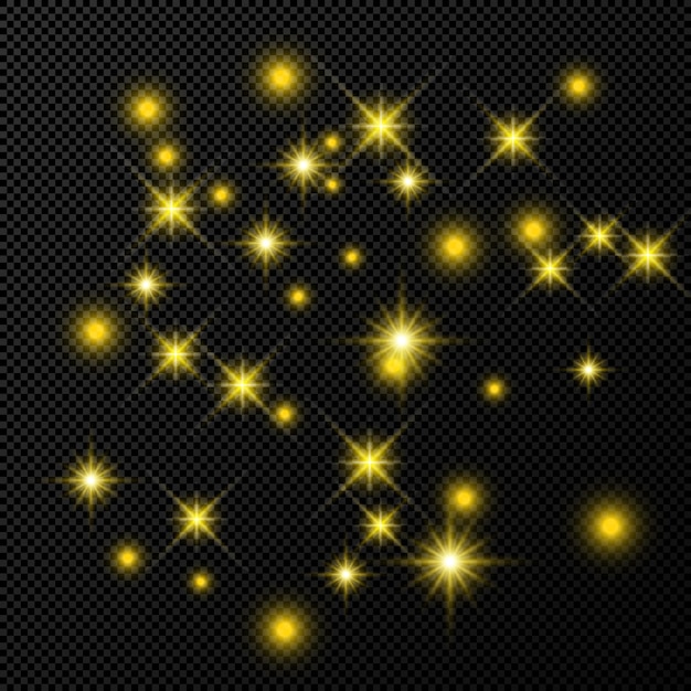 Gold backdrop with stars and dust sparkles isolated on dark transparent background. celebratory magical christmas shining light effect. vector illustration.