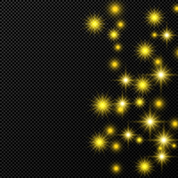 별과 먼지가 반짝이는 금색 배경은 어두운 투명한 배경에 격리되어 있습니다. 축하 마법의 크리스마스 빛나는 조명 효과. 벡터 일러스트 레이 션.