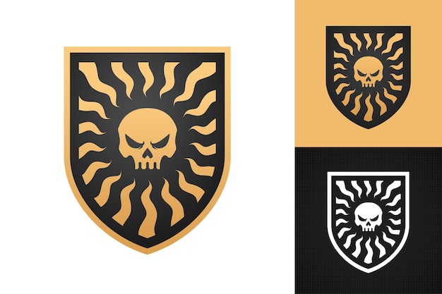 Gold badge skull logo design voor esport team apparel motor club rock en metal music band logo