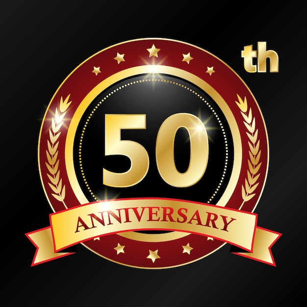 Gold badge with ribbon 50th anniversary label with luxury gold element