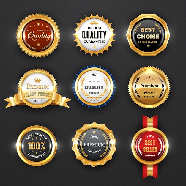 Gold badges and labels, business design. Premium quality guarantee certificate, best choice product and seller award, 3d stamps, medals and ribbon rosettes with golden royal crowns, trophy cups