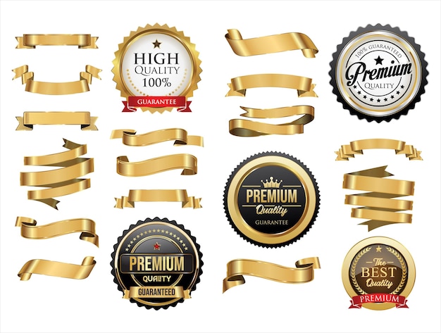 Vector gold badges and ribbons illustration collection