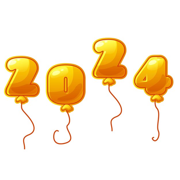 Gold balloon number 2024 new year isolated vector golden holiday party decoration cartoon balloon shiny font