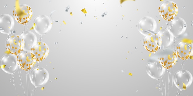 Vector gold balloons confetti clear on transparent background