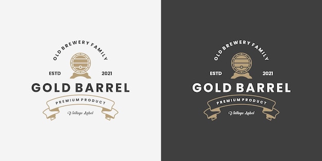 Barile d'oro, vecchia fabbrica di birra, design del logo del whisky vintage