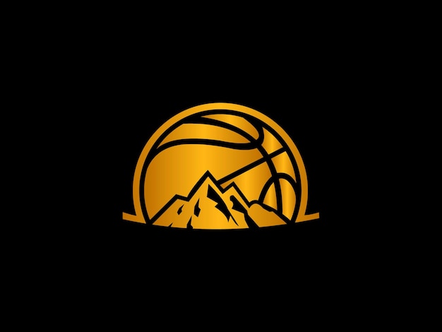 A gold basketball logo with a mountain and the word basketball on a black background