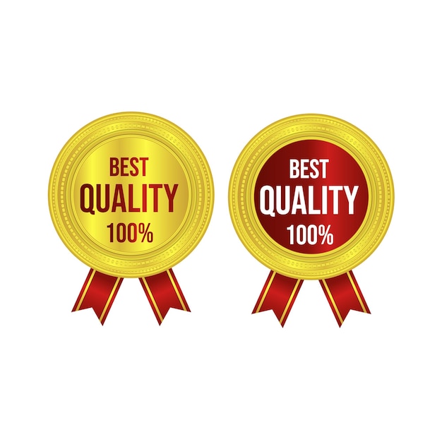 Gold best quality badge with red ribbon on white background.