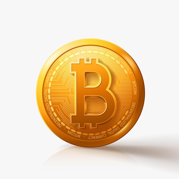 Gold bitcoin coin on white with shadow