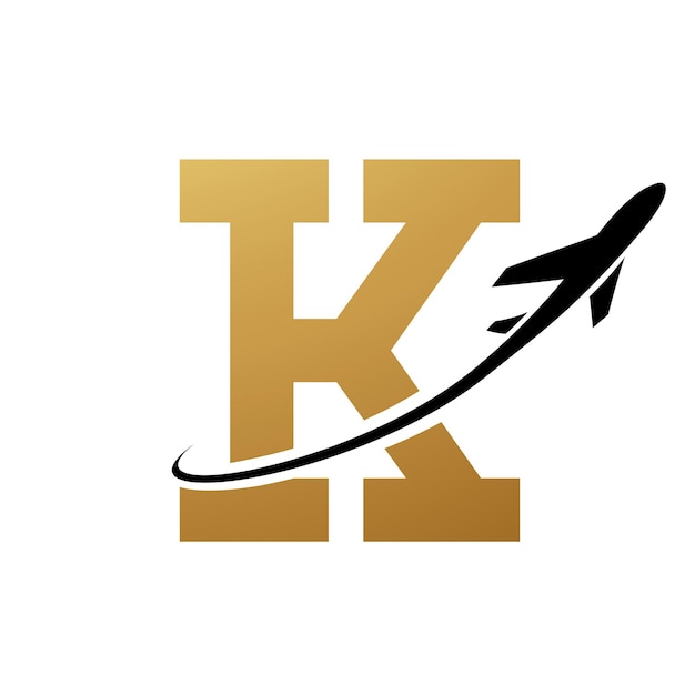 Gold and Black Antique Letter K Icon with an Airplane on a White Background
