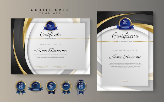 Gold and black certificate of achievement border template with luxury badge and modern line pattern For award business and education needs