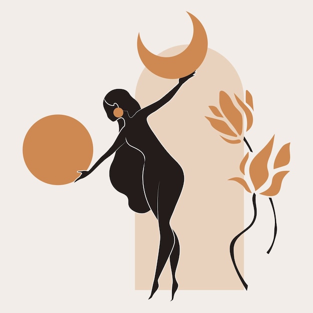 Insieme di vettore di arte della parete femminile oro e nero disegno artistico di una silhouette in una forma mistica e astratta design astratto body art per carta da parati copertina stampa minimal wall art