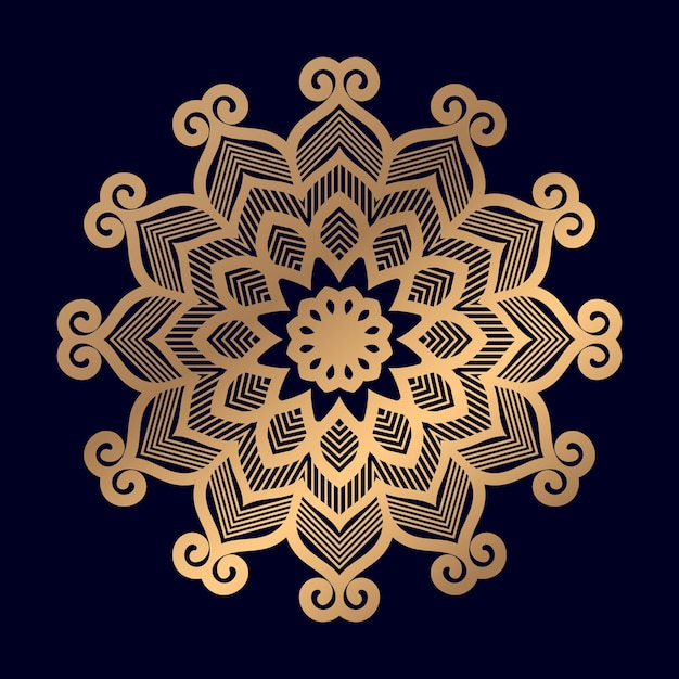 Gold and black mandala on a dark blue background.