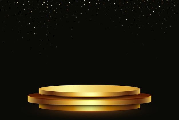 Gold and black podium template Golden flies podium on a black background with gold glitter confetti