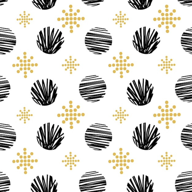 Gold and black seamless pattern with circles and snowflake Doodle geometric abstract illustration