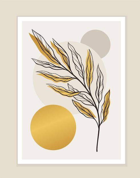 Золотые ботанические абстрактные листья покрывают минималистическое творчество и искусство Набросок ветви с золотыми листьями Плакат или баннер Линейная плоская векторная иллюстрация, изолированная на коричневом фоне