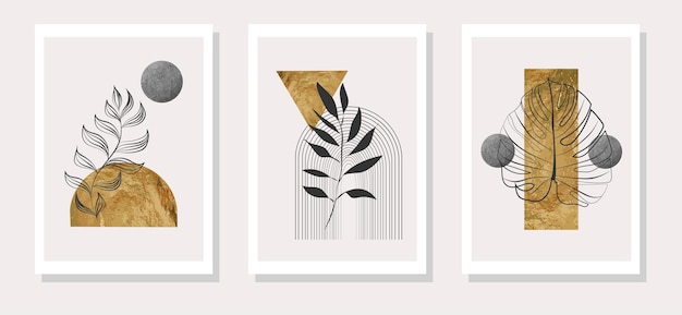 Vector gold botanical wall art vector set earth tone boho line art drawing with abstract shape